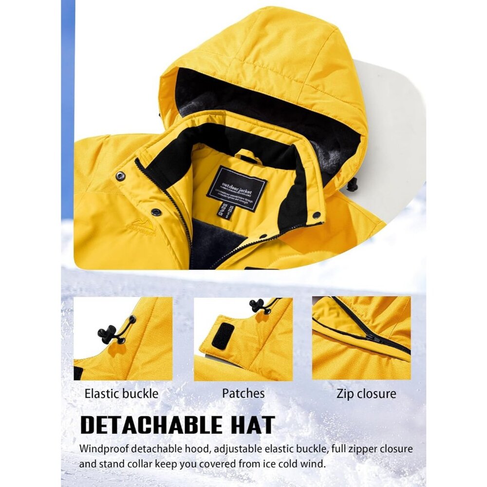 Women's Yellow Windbreaker Waterproof Ski Snow Fleece Hood Jacket Coat Winter - Picture 5 of 7